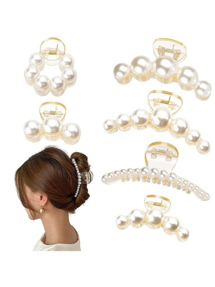 Leezmark Pearl Hair Claw Clips, Large Barrettes Thin, Thick, Curly