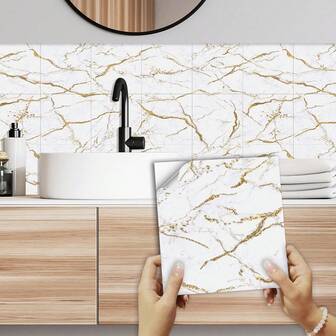 10 件自粘可移除厨房贴纸，现代 2D 平面仿大理石图案墙贴，墙纸，瓷砖贴纸，墙面装饰贴纸，适用于厨房、客厅、浴室、卧室和其他家居装饰墙纸墙贴房间装饰壁纸剥离和粘贴
