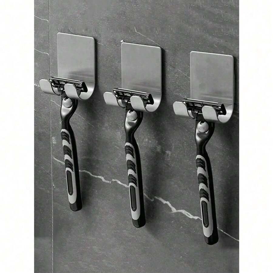 Razor Holder 1/2pcs, Silvery Adhesive Wall Hooks, No Drilling Required, Bathroom Shaver Holder, Stainless Steel Door Wall Hook, Bedroom Hat Hook, Bathroom Kitchen Bedroom Bathrobe Hook - 銀色 - 查看 1