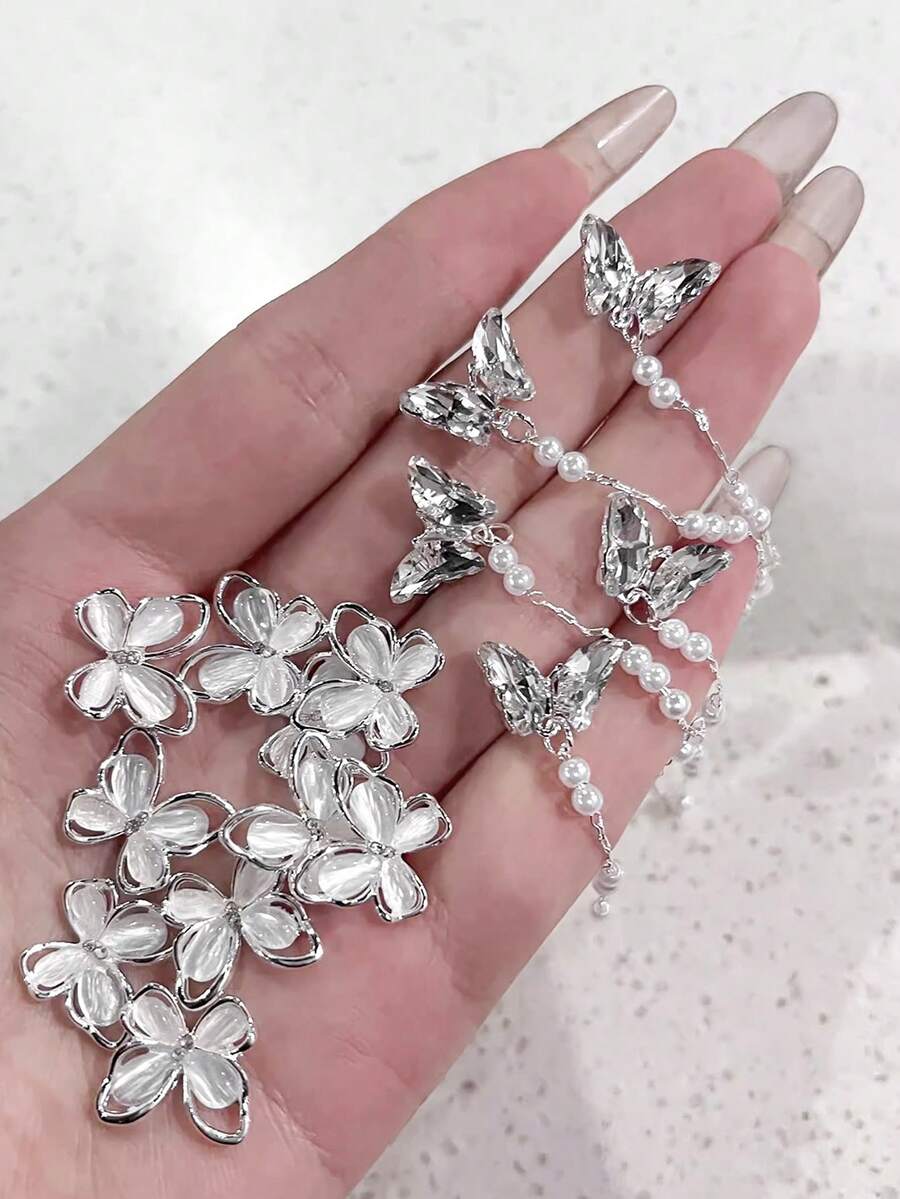 10件組貓眼蝴蝶美甲裝飾品 合金3D鑲鑽彩色蝴蝶珍珠吊墜美甲飾品指甲飾件 - 彩色 - 查看 1