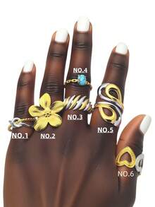 6pcs 18K Gold Plated Stainless Steel Women's Rings, Designs Include: Figure 8, Embrace, 5-Petal Flower, Heart, Turquoise, Vintage Inspired, Color Blocking Craftsmanship, Elegant Women's Jewelry, Gold Jewelry