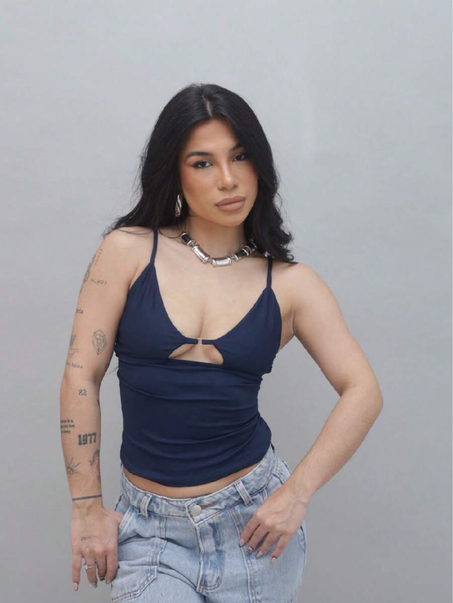 Cropped Tank Top With Plunging Neckline In Polyamide – Thin Straps And Cut-Out Detail | Sexy And Comfortable - 藏蓝色 - 查看 1