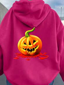 Mujer003-1 Sudadera de mujer Halloween invierno sudadera de manga larga es cómoda y suave Sudadera de color rosado púrpura con un gracioso y espeluznante calabaza de Halloween impresa en el dorso, perfecta para los eventos y la temporada festiva - Rosa Fucsia - Ver 1