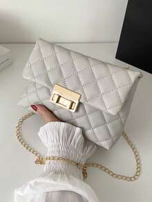 Bolso cuadrado pequeño con patrón de rombos y correa ajustable, nuevo bolso cuadrado pequeño de moda con patrón de rombos bordado para mujer, bolso de hombro con cadena de cierre cuadrado - Gris - Ver 6