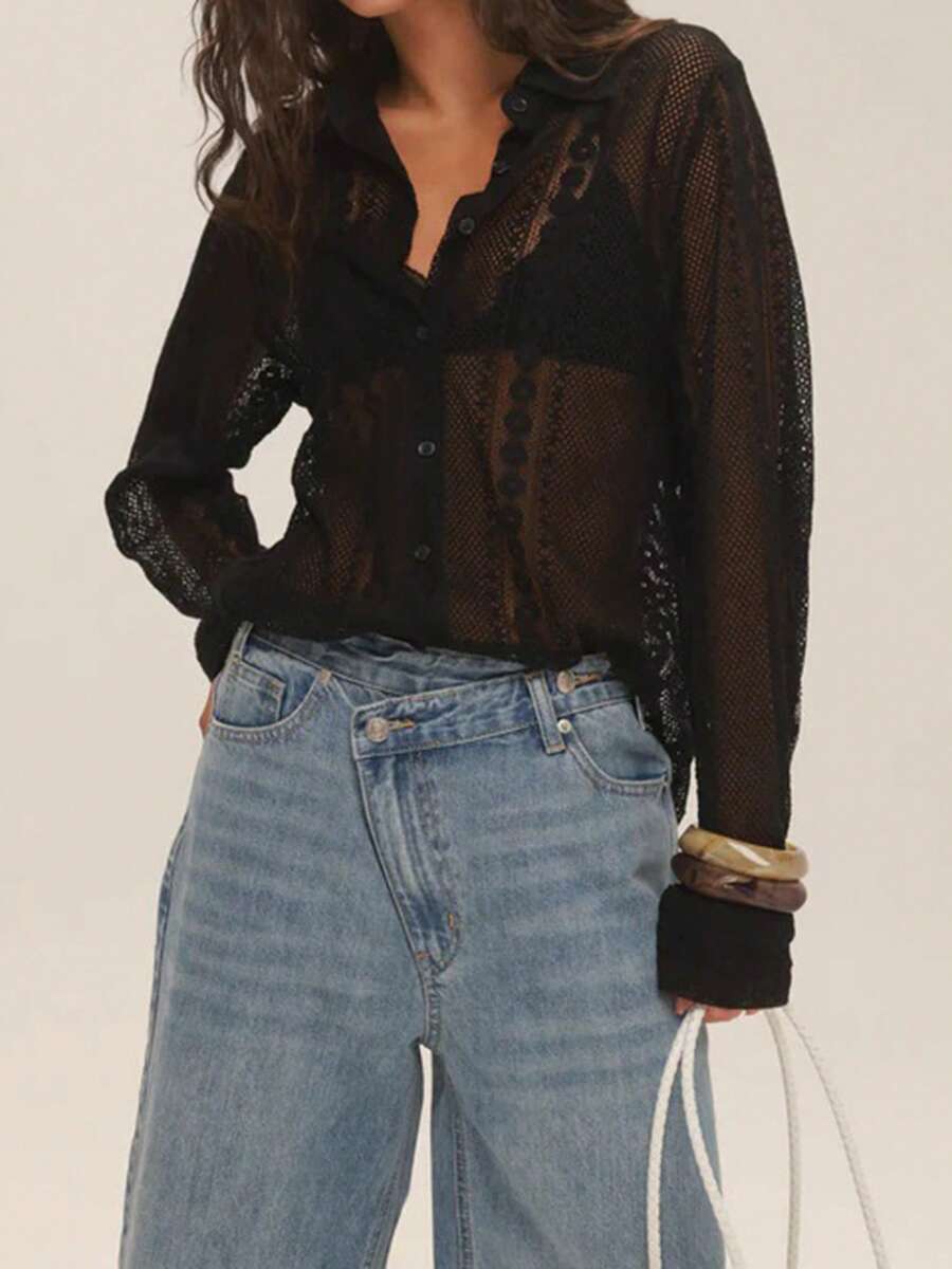 Women Sheer Lace Blouse Loose Casual Long Sleeve Button-Up Collared Shirts For Spring Fall - Black - View 1