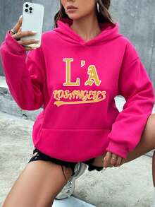 Mujer003 Sudadera de mujer invierno sudadera de manga larga cómoda suave  Sudadera de color rosa vibrante con el estampado "L'A LOS ANGELES" para un look casual atemporal y cómodo - Rosa Fucsia - Ver 1