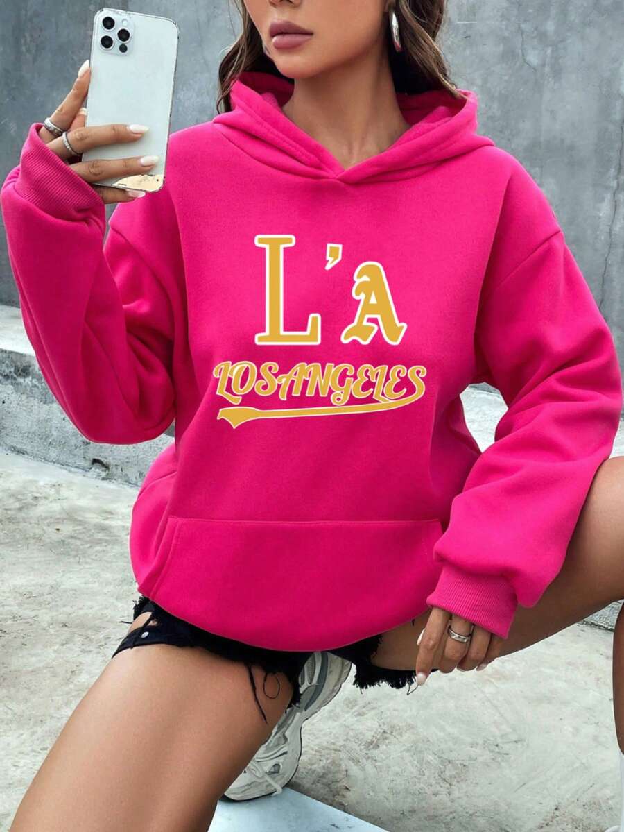 Mujer003 Sudadera de mujer invierno sudadera de manga larga cómoda suave Sudadera de color rosa vibrante con el estampado "L'A LOS ANGELES" para un look casual atemporal y cómodo - Rosa Fucsia - Ver 1