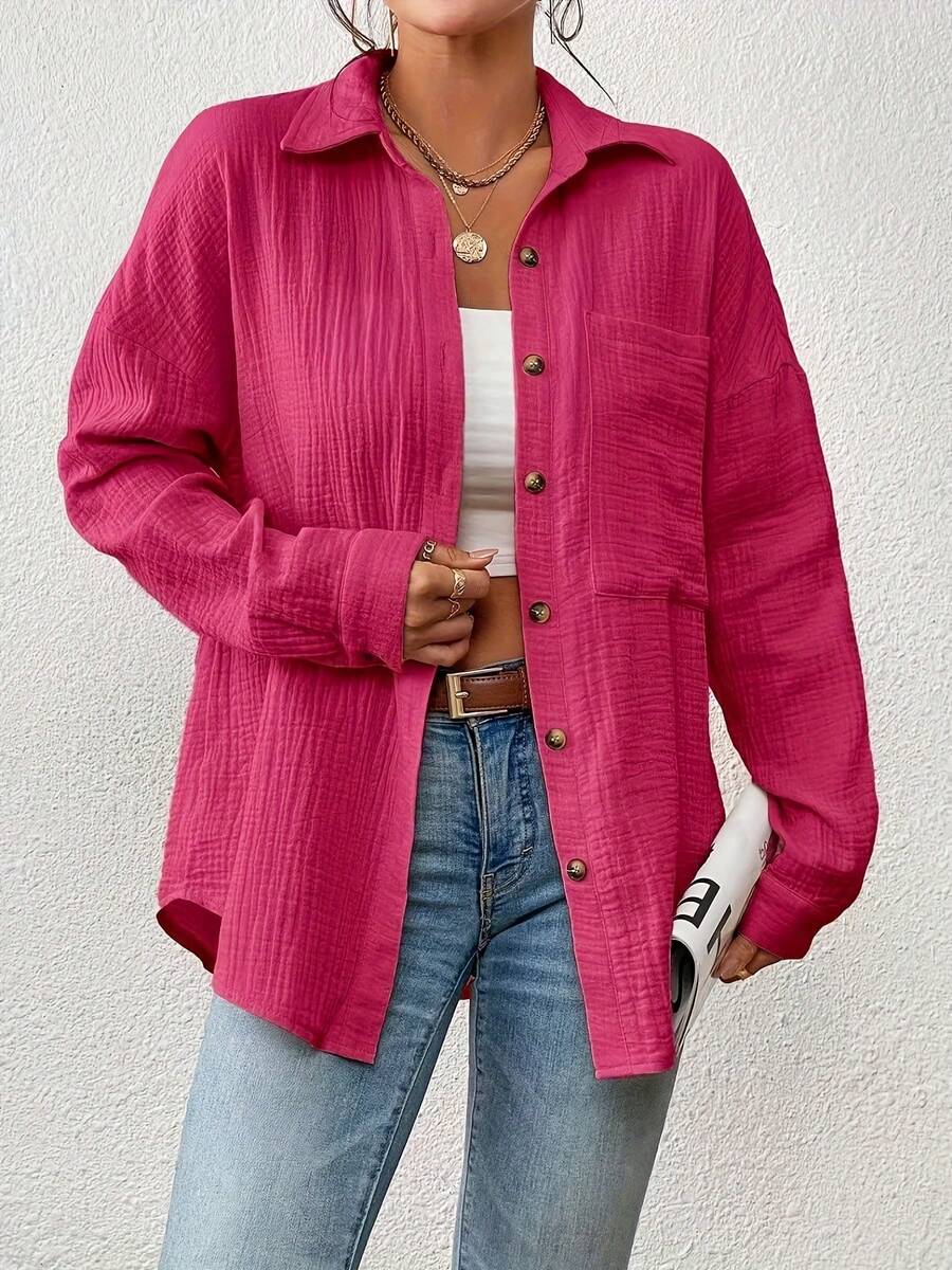 Women'S Casual Long Sleeve Button-Up Shirt - Brown Textured Fabric, Open Front, Loose Fit, Summer Style, Perfect For Casual Attire, Casual Summer Wear | Buttonup Shirt | Textured Fabric - 玫紅色 - 查看 1