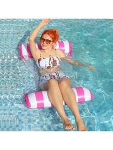 1个带网眼的充气泳池吊床 - 条纹成人躺椅，适合度假、派对和休闲放松，有粉色、黄色、白色、绿色、蓝色等多种颜色可选，户外吊床，海滩和泳池必备，非常适合拍照
