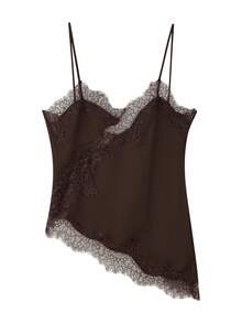 Women Y2k Lace Pachwork Satin Silk Camisole Tops Elegant Asymmetrical Top Spaghetti Strap Cami Tops Sleeveless V Neck Open Back Crop Tops Backless Slim Fit Shirt Going Out Tops Casual Club Streetwear Aesthetic Clothes - 棕色 - 查看 3