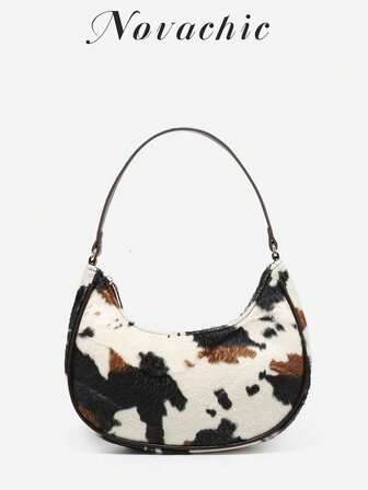 1pc Novachic Fall Fashion Suede Short Plush Cow Print Minimalist Shoulder Bag For Women, Zipper Closure, Vintage Style, Underarm Bag, Suitable For Multiple Occasions