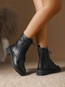 European & American Style Black Boots, Women's New Autumn/Winter Round Toe Lace-Up Motorcycle Boots, Unisex Cool & Versatile Short Boots, Fashion & Combat Boots, Plus Size - Black - View 6