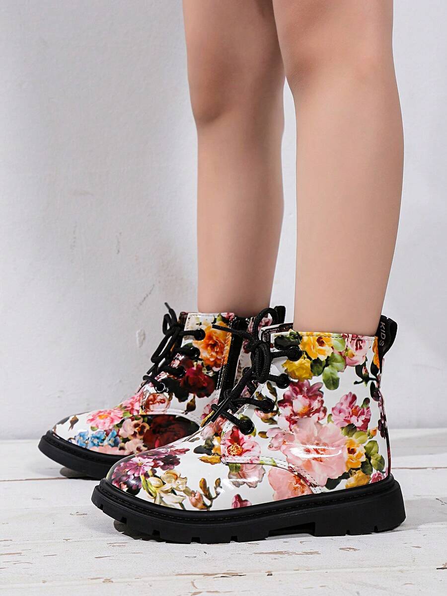 Girls' Floral Print Shiny Patent Leather Lace-Up Short Ankle Boots, Non-Slip Toddler Walking Shoes - White - View 1