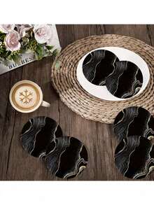 Set da 6 sottobicchieri in legno con motivo a marmo nero e oro, resistenti al calore, adatti per casa, tè pomeridiano, caffè, ideali per casa, ufficio e ristoranti, utilizzabili in tutte le stagioni