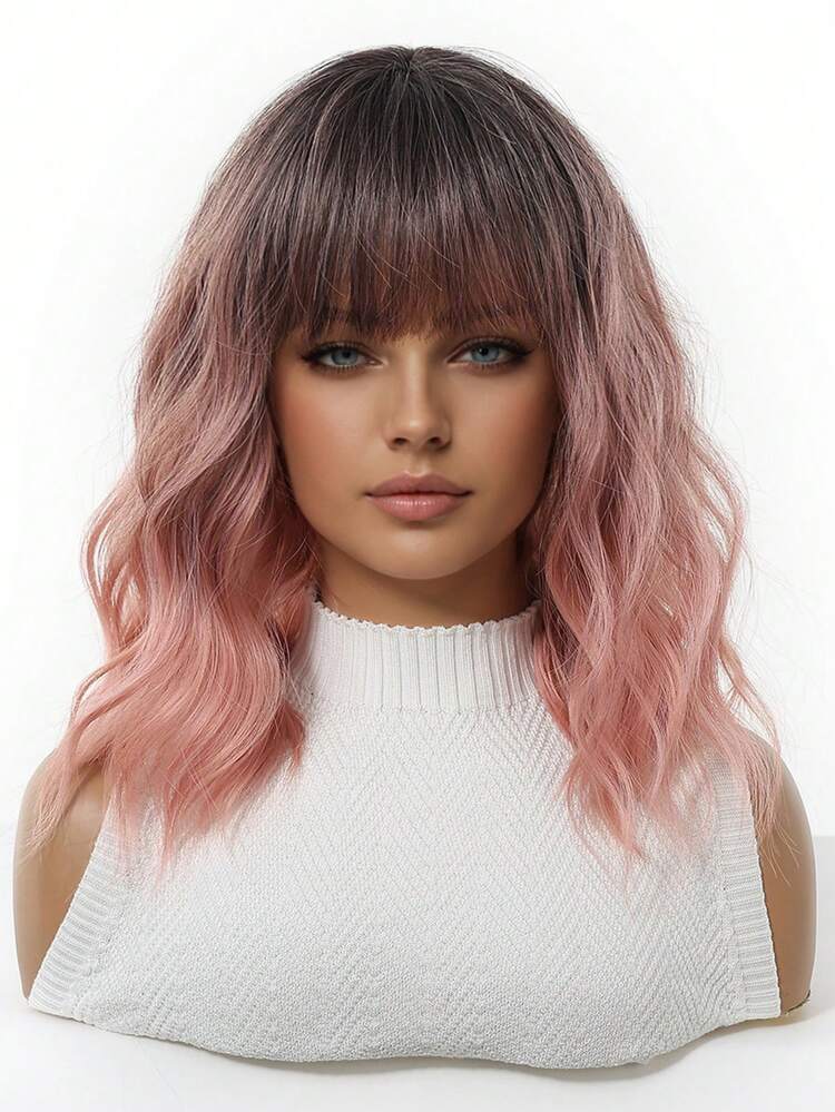 14 Inch Ombre Pink Bobo Wig, Women's Curly Wavy Wig With Bangs, Short Heat Resistant Synthetic Wig, Suitable For Party Costumes And Daily Wear, Vibrant Colors - Pink - View 4