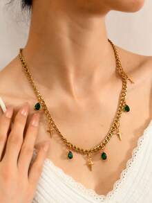1pc Fashionable & Elegant Stainless Steel Gold-Tone Necklace With Multiple Pendants Including Cross, Teardrop, And Gemstone, Suitable For Women's Daily Wear, Festivals, Dates, Engagements, Weddings, And As A Gift For Loved Ones