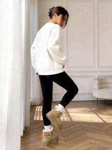 保暖女款圓領運動衫 棉質女式上衣，Curve oversize 運動衫，c'est la vie 文字印花，秋冬裝 保暖抓絨襯裡，寬鬆 休閒運動衫，時尚百搭，chic,復古風/學院風，居家，柔軟的萬聖節外身上衣，適合寒冷天氣服裝長袖上衣，女式街頭禮服上衣，女式服裝上衣，白色造型上衣，白色造型長袖衣上衣，女式洋裝 - 白色 - 查看 3