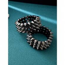1PC Punk Style Rivet Spikes Bracelet, Unisex Silver-Color Edgy Rivet Cuff Bracelet For Everyday, Party, Music Festival Wear - Black - View 2