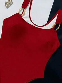 Women's Solid Color Square Neck Buckle Strap One-Piece Swimsuit. The Square Neckline Design With Wide Strap Is Very Suitable For Vacation. - Red - View 2