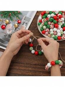 Christmas Wooden Beads Kit, Colorful Round Multiple Styles Wooden Beads Kit For Jewelry Making, DIY Christmas Decoration Gifts Key Chain Accessories