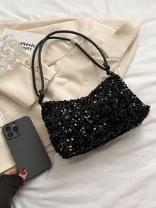 1pc Black Sequin Smooth Zipper Fashion Versatile Casual Solid Color New Autumn/Winter Unique Shoulder Bag, Suitable For Women's Daily Use - Black - View 6