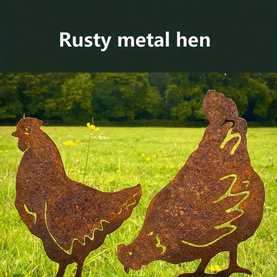 2pcs Rustic Metal Hen Garden Stakes, Artistic Farm Animal Egg Sculptures, Outdoor Yard Decor, Thanksgiving Gift, Outdoor Sculpture | Farm Animal Theme | Metal - Rust Brown - View 1