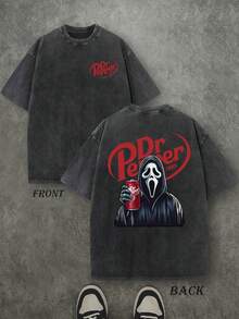 Dr. Pepper Ghost Halloween Shirt, Vintage Retro Washed Shirt Double Sided Printed (230 Heavyweight Pure Cotton T-Shirt)  Dr. Pepper GhostFace Shirt, Funny Halloween T-Shirt, Halloween Gifts, Unisex Shirt, Men's Casual, Comfortable, Fashionable T-Shirt, Street Style Pure Cotton Fall Shirt - 黑色 - 查看 1