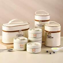 4pcs Stainless Steel Thermal Bowls + 1pc Insulated Bag, 304 Stainless Steel Thermal Lunch Box Set, Leak-Proof Thermal Lunch Container, Suitable For School, Office, Outdoor Camping And Home Use, Microwave (Milky White) - Multicolor - View 2