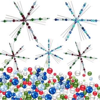 12 st. julsnöflinge-metalltråd med cirka 1050 st. färgglada pärlor i 3 storlekar, snöflingeformad pärltråd, röda och gröna blå julpärlor för vintern, gör-det-själv-pärlpyssel, julklappar, juldekorationer