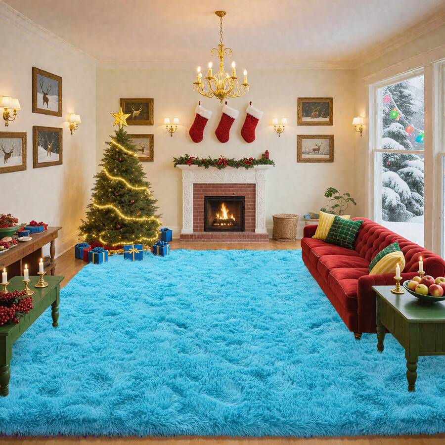 Large Shaggy Area Rug For Living Room & Bedroom – Stain-Resistant Fluffy Carpet With 1.4 In High Pile, Plush Aesthetic Throw Rug, Non-SIip Rubber Backing With 4 Anti-SIip Pads, Durable Edge Stitching – Cozy Minimalist Decor – Great Gift For New Year ! - 水鴨藍 - 查看 1