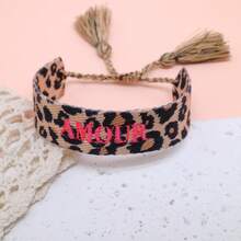 1pc Handmade Embroidered French "AMOUR" Creative Vintage Style Bracelet, Suitable For Couples, Holiday Gifts, Blessing Cord - Leopard - View 2