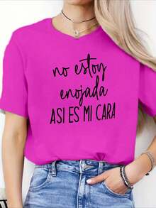 Playera camiseta basica estampada grafica dama mujer manga corta cuello redondo estampado frase frases chusca chistosas graciosas letra letras cursiva manuscrita no estoy enojada asi es mi cara ironia meme gym gimnasio ejercicio aesthetic regular casual comoda fresca ligera suave moderna juvenil romantica bohemia salida casa diario dia playa calor primavera verano oficina versatil creativa - Rosa Fucsia - Ver 1