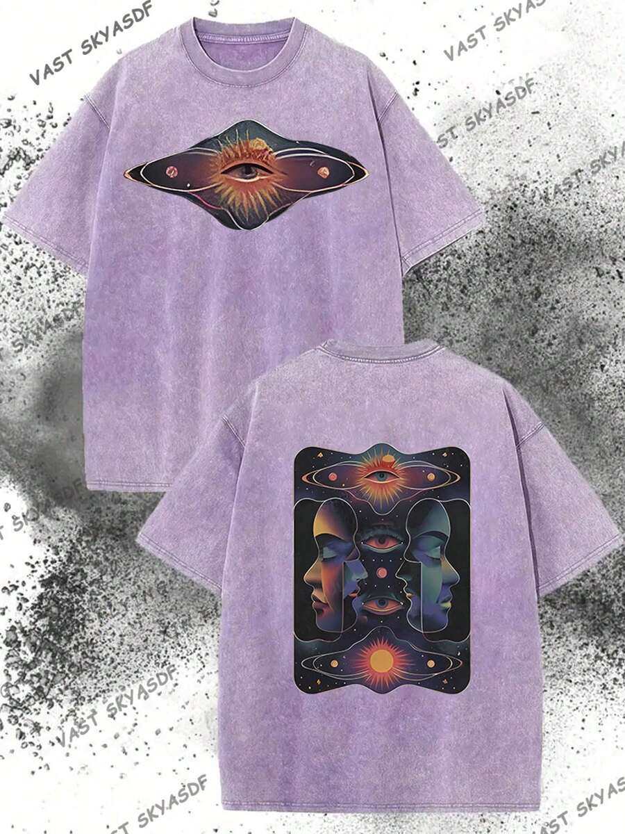 230g Washed, Self Exploring Double-Sided Pattern Printing, Premium Washed Distressed Wax Printed Pure Cotton T-Shirt, Men's Fashionable Casual Cotton T-Shirt, Short Sleeved Round Neck T-Shirt, Holiday Gift - 紫色 - 查看 1