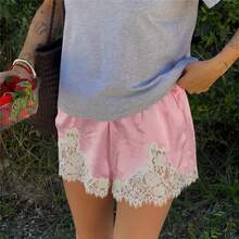 Boho Women's Lace Trim Satin Silk Shorts Shiny Elastic Waist Mini Shorts Pettipants Half Slip Shorts French Knickers Boyshorts For Dresses Full Coverage Underwear Lounge Pants - 粉色 - 查看 7