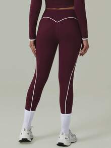 Women'S Contrast Piping Front Twisted Design High-Waist Squat-Proof Running Yoga Sports Leggings Tights - Red Violet - View 10