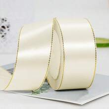1.5 Inch Wide 25 Yards Electric Blue Satin Ribbon With Golden Edges - Durable High-Quality Vinyl/Plastic/Polyurethane Ribbon For Gift Wrapping, DIY Crafts, Christmas Decor, Wreaths, Bows, Invitations, Ribbon For Gifts, Wreath Making, Elegant Design, Smooth Texture, Craft Projects, Party - Beige - View 5
