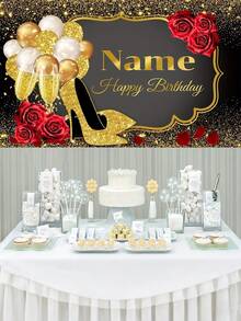 1pc Customized Name Glitter Black & Gold Birthday Background Vinyl Backdrop, Personalized Wall Hanging Decor For Anniversary Celebration Decoration - Multicolor 2 - View 6
