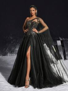 Vestido de noche largo asimétrico de malla para mujer VIPGIRL - Negro - Ver 7
