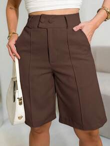Women's Bermuda Shorts/ High Waist/ Side Pockets/ With Two Buttons Tailored Fabric - 咖啡 - 查看 1