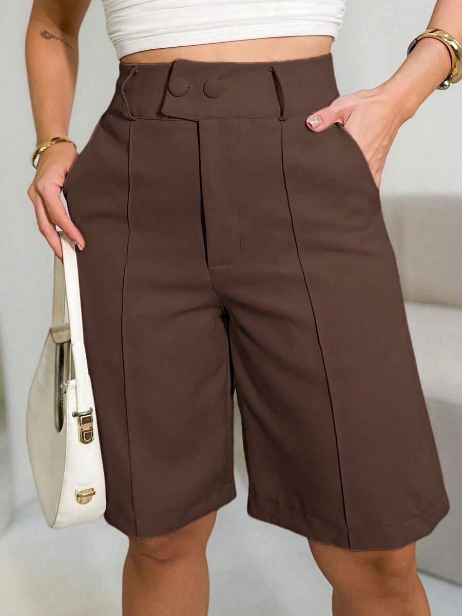 Women's Bermuda Shorts/ High Waist/ Side Pockets/ With Two Buttons Tailored Fabric - 咖啡 - 查看 1