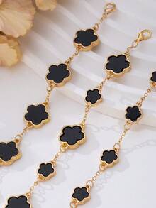 3pcs/Set Gelang Charm Klasik Mewah Berwarna Hitam & Clover untuk Wanita, Dapat Ditumpuk & Serbaguna untuk Musim Gugur/Dingin - Hitam - View 5