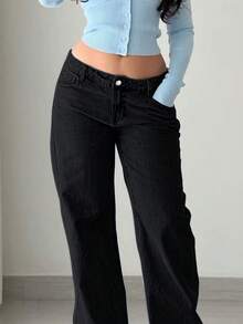 Quần jeans nữ màu đen dáng suông, kiểu dáng retro Y2K đơn sắc, thời trang đa năng cho mùa xuân. - màu đen - Xem 6