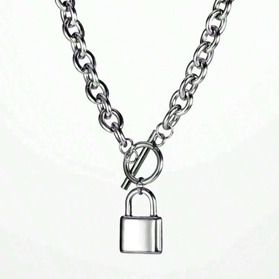 Steel Lock Necklace 1pc Vintage Pendant Unisex Couples Jewelry Men Women Love Lock Chain Punk Gothic Daily Wear - 銀色 - 查看 1