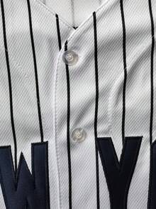 男士 22 白色棒球服休闲短袖刺绣拼接 V 领纽扣 T 恤派对运动上衣 - 白色 - 查看 4