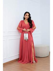 Women's Long Aurora Tulle Dress With Shiny Long Sleeves - 肉桂玫瑰 - 查看 3
