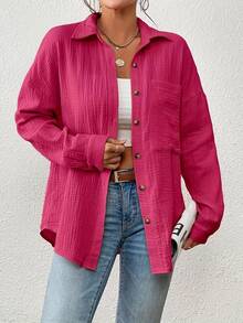 Women'S Casual Long Sleeve Button-Up Shirt - Brown Textured Fabric, Open Front, Loose Fit, Summer Style, Perfect For Casual Attire, Casual Summer Wear | Buttonup Shirt | Textured Fabric - 紅色 - 查看 1