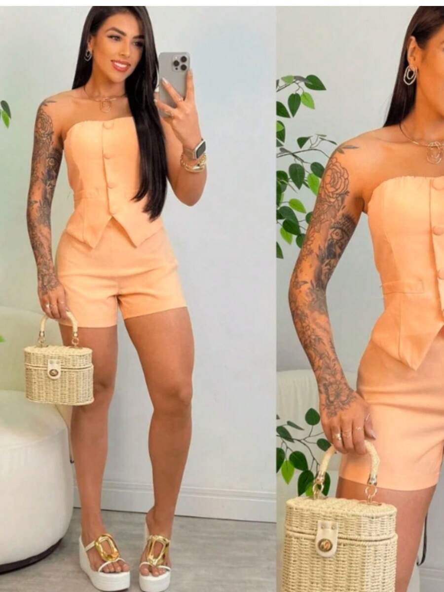 Women's Formal Set With Shorts And Button-Down Top, Summer 2026 - Redwood - View 1