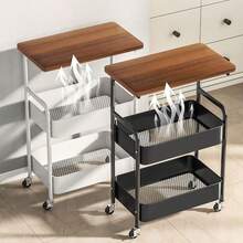 3-Tier Rolling Cart W/Wooden Tabletop, Utility Cart W/Lockable Wheels, Multipurpose Storage Organizer Trolley For Kitchen, Office, Bedroom, Sturdy Metal Frame For Small Spaces - Black - View 2