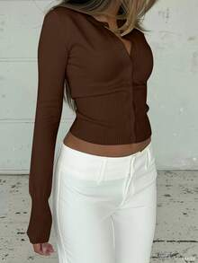 Cardigan tricoté ajusté à la taille, col rond, manches longues, style casual, couleur marron, pour le début de l'automne