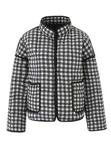 Women's Cropped Quilted Jacket Floral Printed LightWeight Padded Puffer Cardigan Coat Outwear - 黑與白 - 查看 3